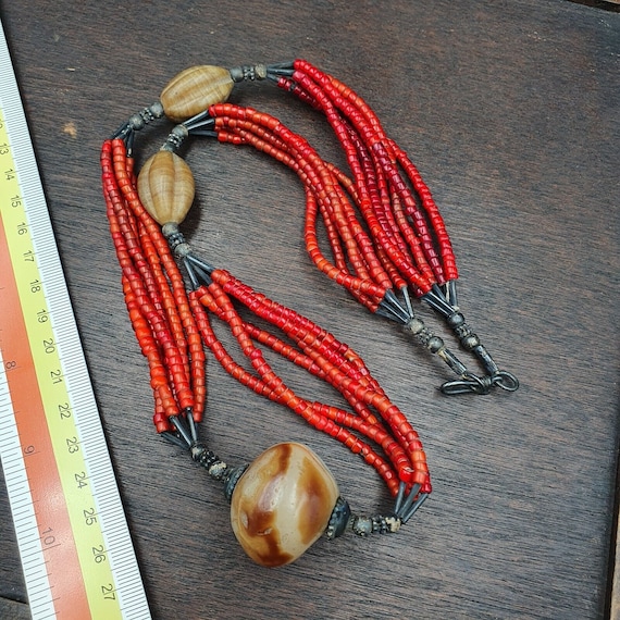 Antique agate, venetian red white heart trade beads antique silver necklace.