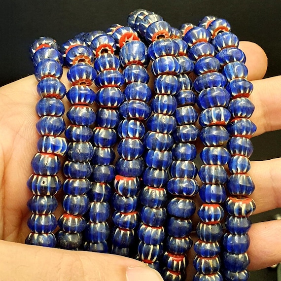 Vintage venetian african style glass blue chevron 9mm beads long strandGift