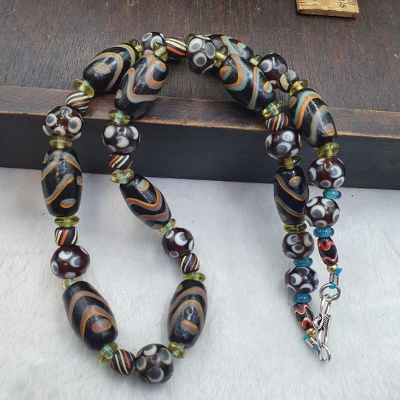 Old Black Yellow Venetian Style Skunk Glass Bead Necklace Wave Pattern Jewelry - Handmade Boho Statement Necklace - Gift for Her