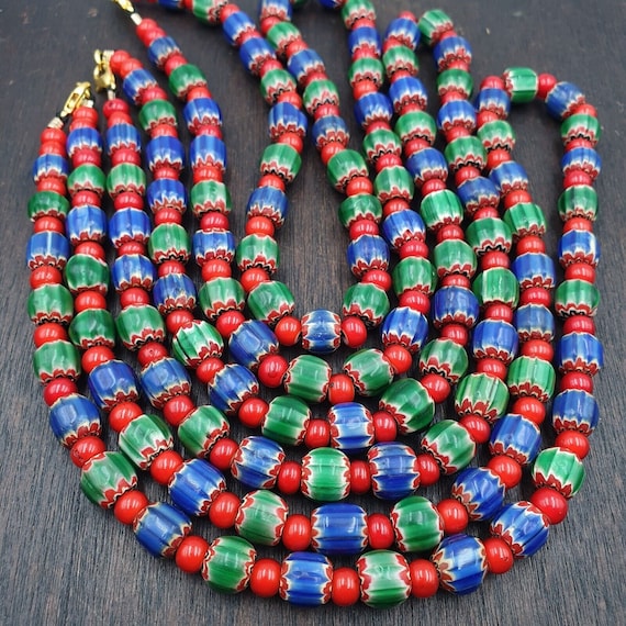 Whispers of history vintage venetian style blue and green chevron beads necklace