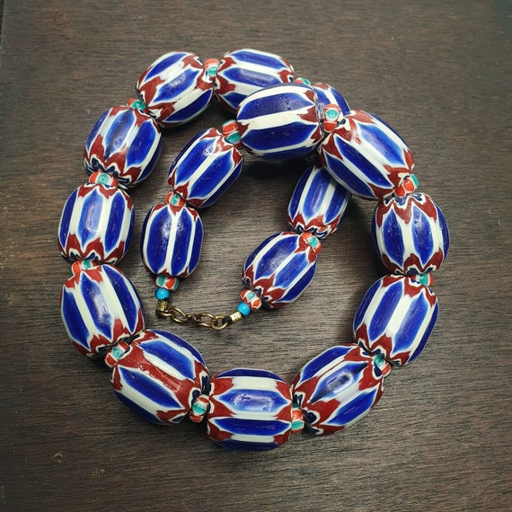495g venetian inspired african blue glass chevron big beads necklaceGift