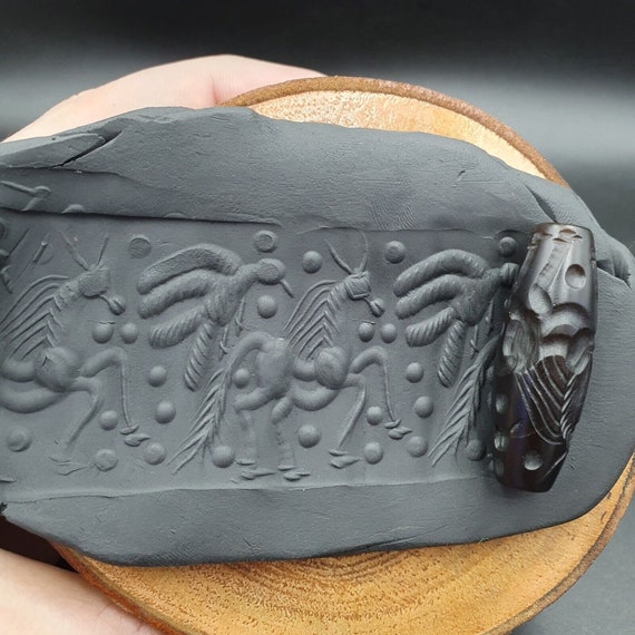 Indo tibetan carving agate eye stone bead amulet horse and flying bird  #10214