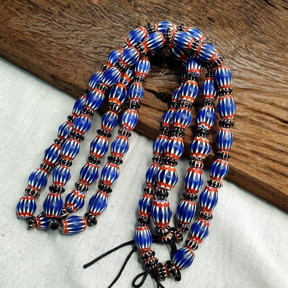 Vintage blue chevron beads venetian african beads long strand