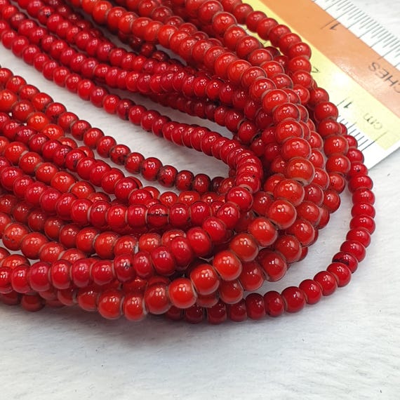 Red 4 mm antique venetian  white heart trade beads long strand necklace