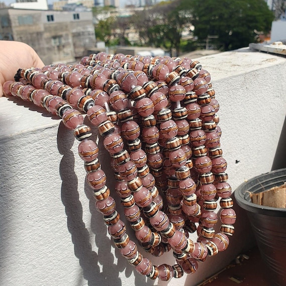 Vintage aventurine millefiori black pink fancy glass beads 13mm 24" necklaceGift