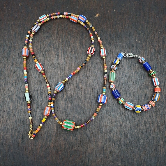 Set of vintage venetian style old african glass chevron beads long necklace