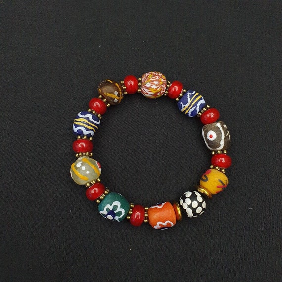 Vintage african hand painted glass beads with white heart beads braceletGift