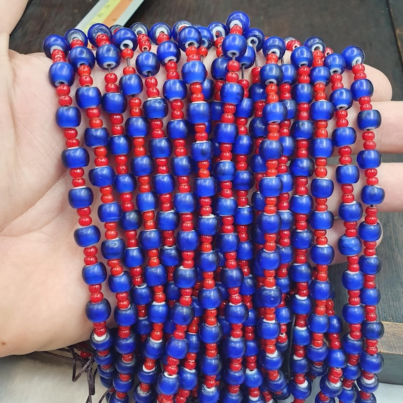 Vintage Venetian Red White Heart Glass Bead Necklace 24" Long, Unique Boho Jewelry, Gift for Bead Lover