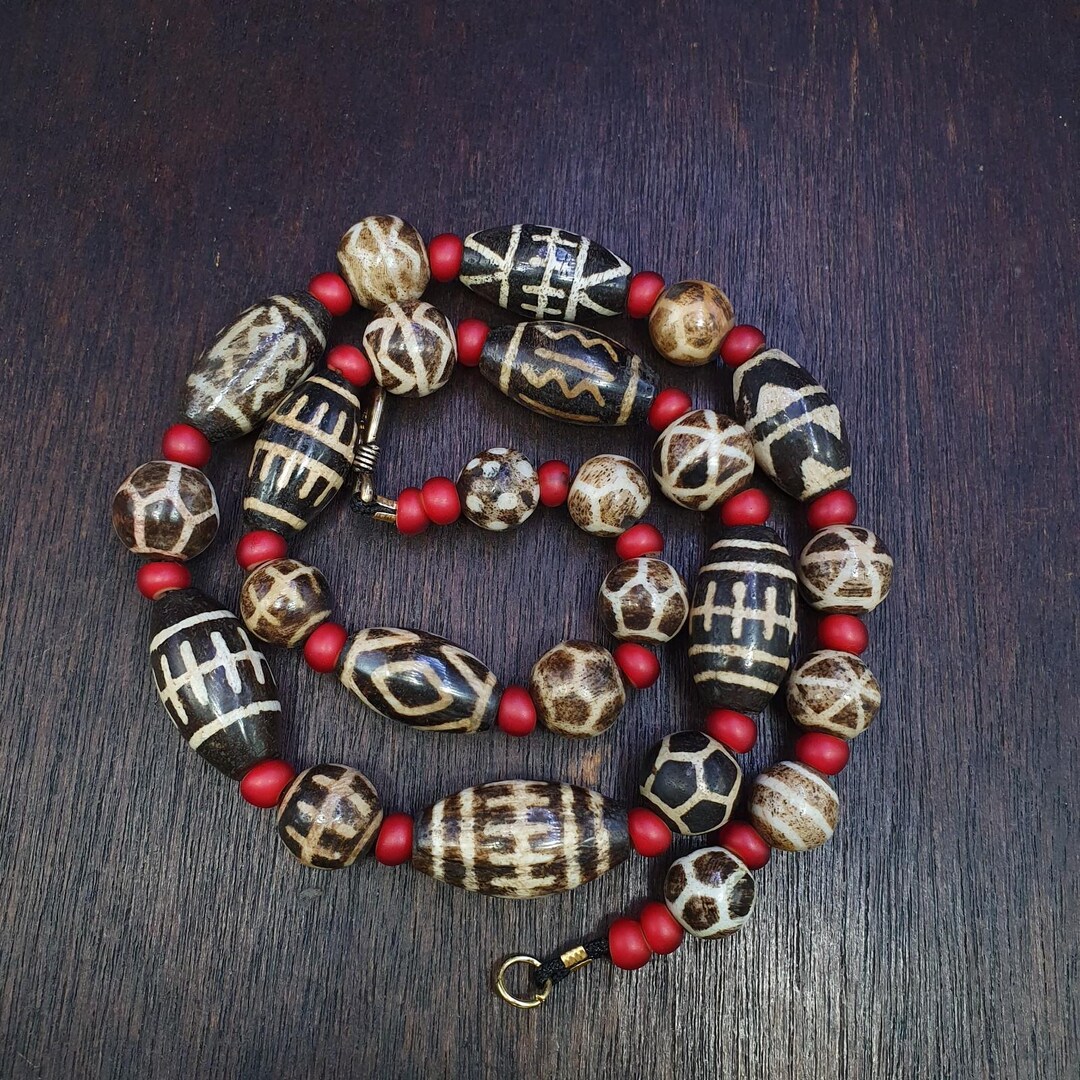 South Asian Burmese Old Pumtek Petrified Wood Stone Beads Long