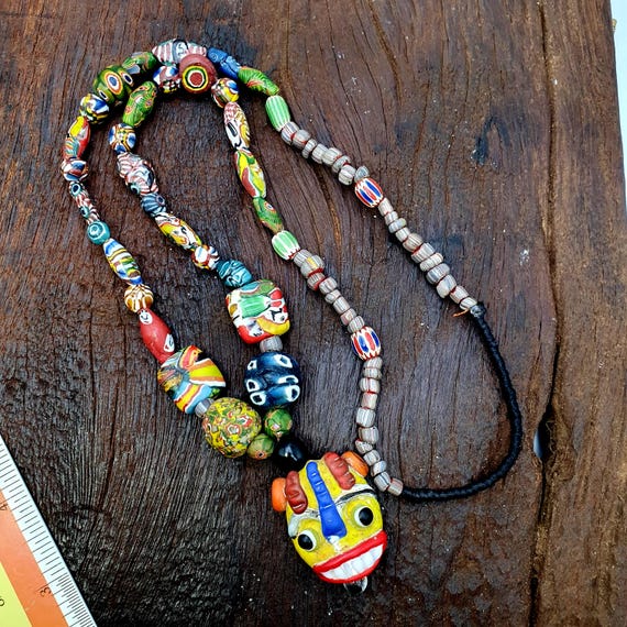 Rare Venetian Styl Face Bead Necklace - Millefiori Mosaic Glass Trade Beads - 26 inches Handmade Artisan Lampwork Jewelry