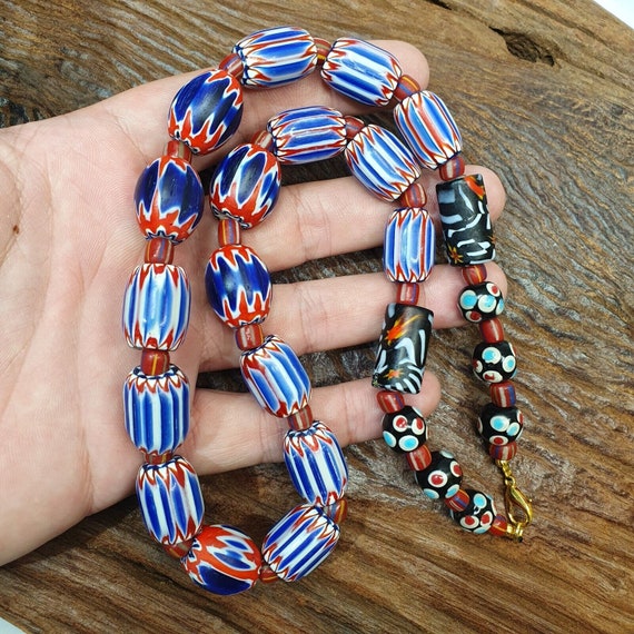 Antique venetian inspired trade african blue glass chevron beads strand nch-1bGift