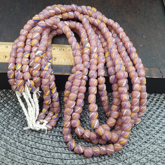 Striped Pink Glass Beads - Venetian Skunk Bead Strand - Pink yellow Blue Stripe African Trade Beads - Boho Jewelry Focal Beads