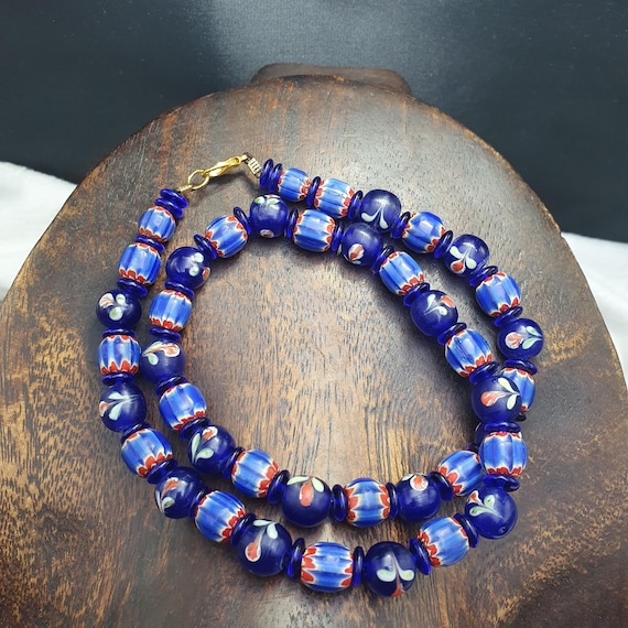 Vintage Venetian Cobalt Blue Floral & Striped Chevron Murano Style Beaded Necklace