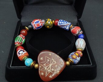 Vintage african chevron glass beads with heart shape carving carnelian braceletGift