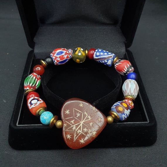 Vintage african chevron glass beads with heart shape carving carnelian braceletGift