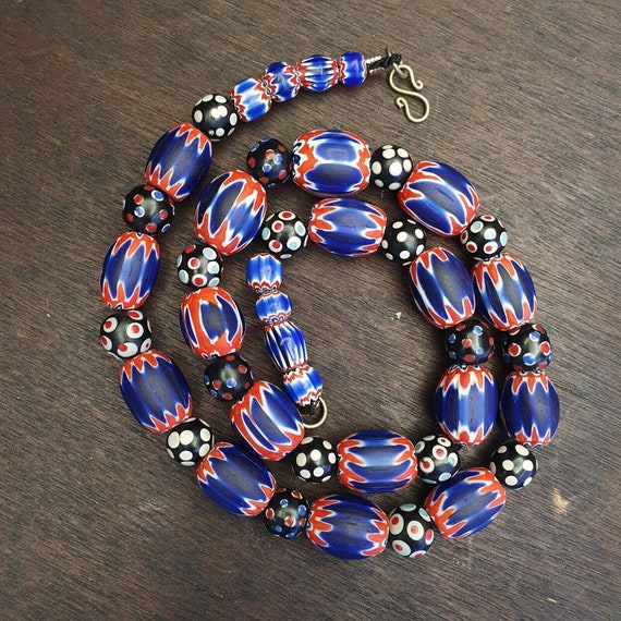 Antique venetian inspired african blue glass chevron and hundred eyes beadsGift