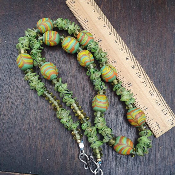 Old Venetian Style Glass Bead Necklace Green Orange Yellow Multicolor Jewelry - Handmade Boho Statement Necklace - Gift for Her