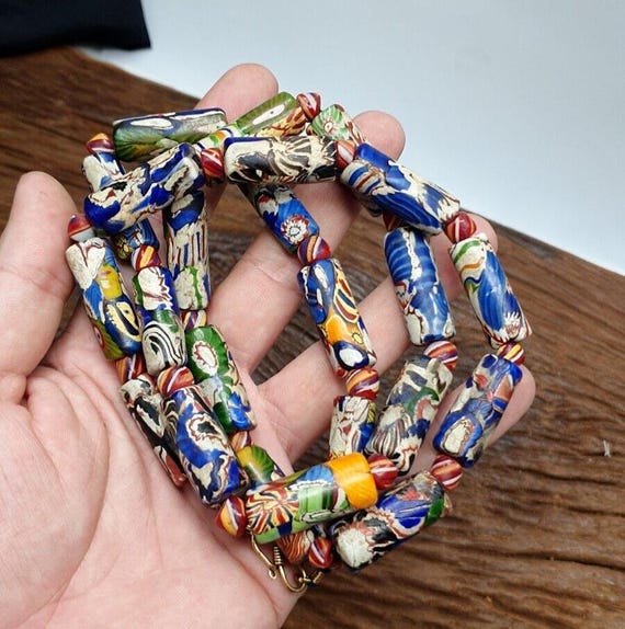 Vintage venetian style mosaic glass beads extra long necklaceGift