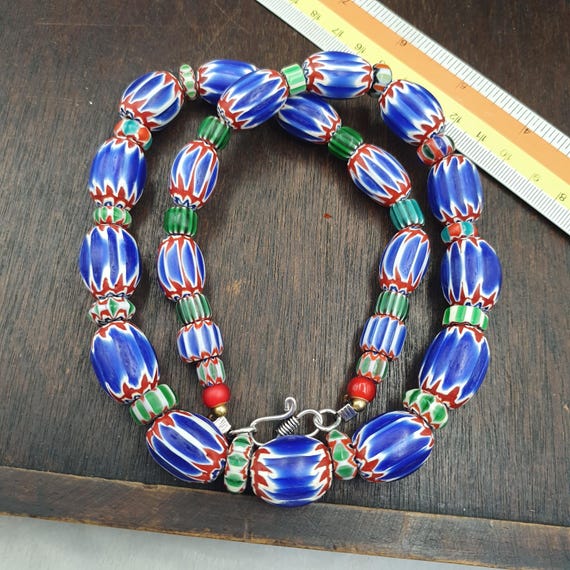 Vintage blue chevron beads venetian african Style beads long strand