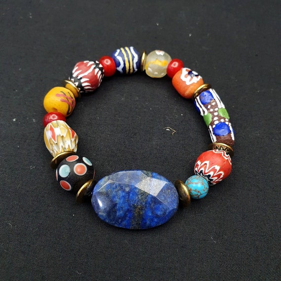 Vintage chevron african glass beads with beautiful natural lapis lazuli braceletGift