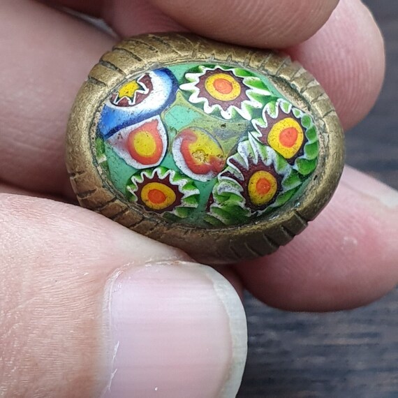 Antique vintage old gabri mosaic glass with beautiful pattern brass ring