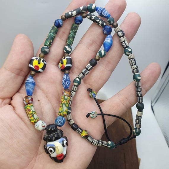 Rare Venetian Styl Face Bead Necklace - Millefiori Mosaic Glass Trade Beads - 24 inches Handmade Artisan Lampwork Jewelry