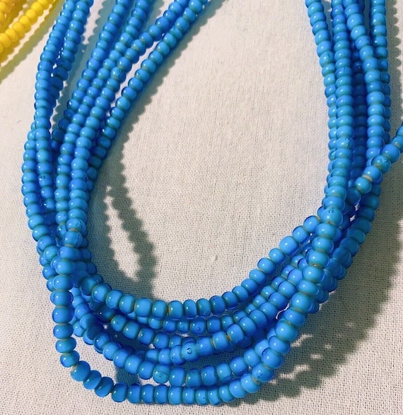 Sky blue 4 mm antique venetian  white heart trade beads long strand necklace