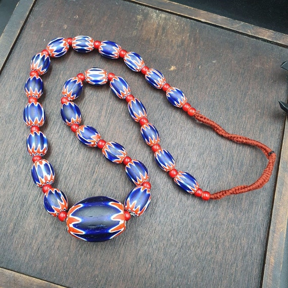 Antique white heart venetian inspired african blue glass chevron with big beadGift