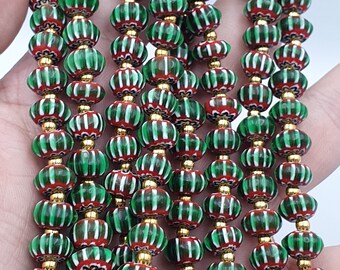 Antique venetian inspired green chevron beads long strand necklace 24inch