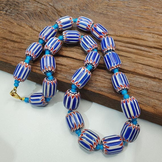 H-5b vintage venetian inspired trade blue chevron and whiteheart beads strand
