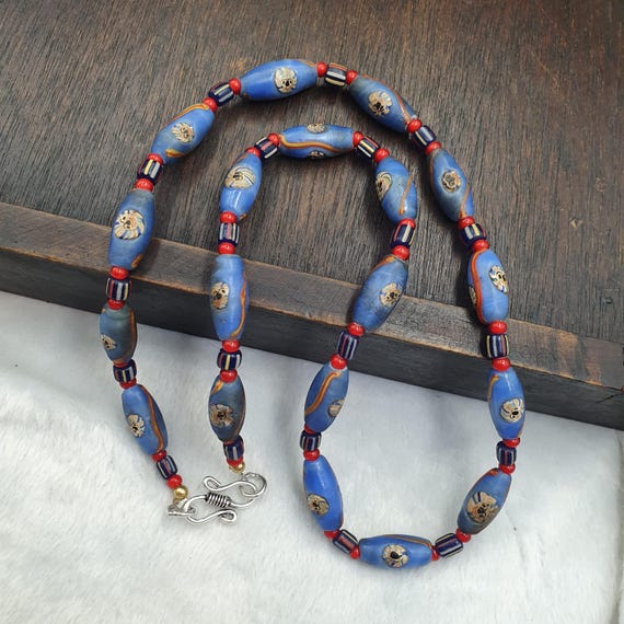 Venetian Style Face Bead Necklace, Blue Mask red Whiteheart Trade Beads 30mm, African Style Glass Bead Strand, Handmade Restrung