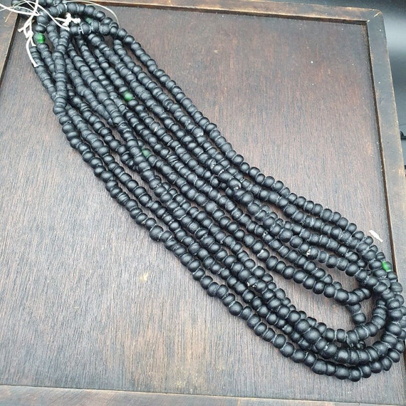 Vintage African Black Glass Trade Beads Strand (7-8mm)