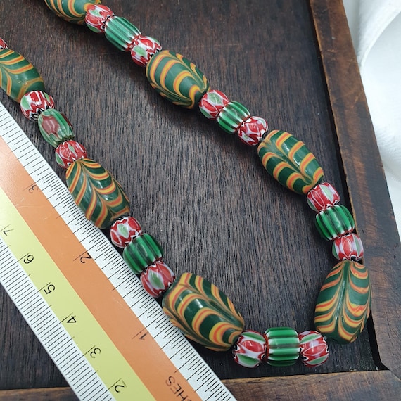 Venetian Style Vintage Green Chevron Bead Strand, Green Yellow Feather Wave Art Glass Necklace
