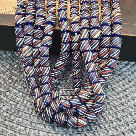 Striped Venetian Style Glass Beads - Blue and Red Striped African Beads - Boho Jewelry Focal Beads - Bulk Bead Supply