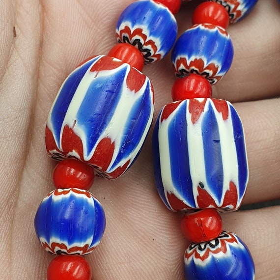 Venetian white heart and blue chevron glass beads… - image 6