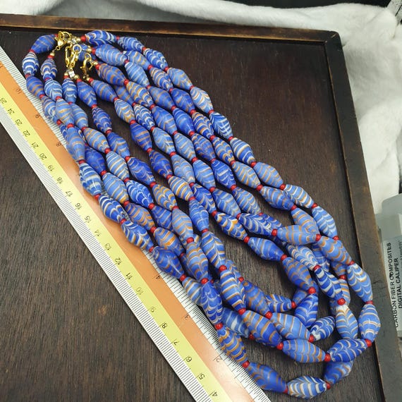 Vintage Millefiori style Feather Blue Glass Beads Necklace (19x9.5mm)