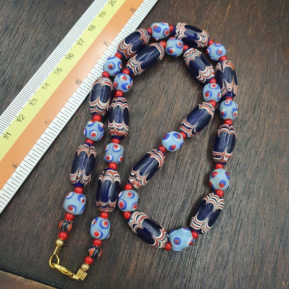 Venetian Style Glass Trade Bead Necklace, African Feather Beads, Blue Red Eye Bead Strand, Tribal Ethnic Boho Jewelry Gift