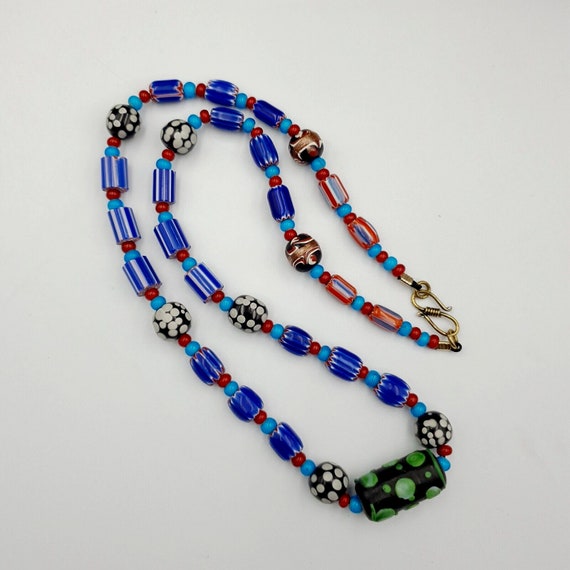 Antique white heart venetian style blue chevron glass beads necklace n9-8Gift