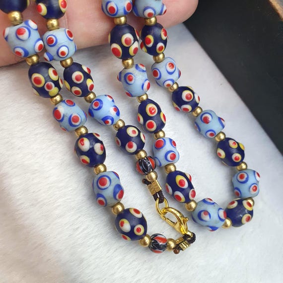 Blue Eye Bead Necklace, Venetian Style African Trade Beads, Cobalt Glass Bead Strand, Evil Eye Tribal Boho Jewelry, Gift for Her