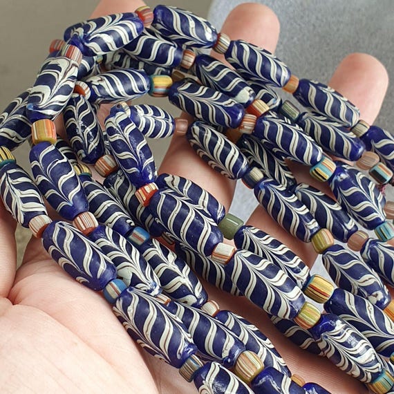 Vintage venerano art fancy feather beads 20x9.5mm blue glass beads necklaceGift