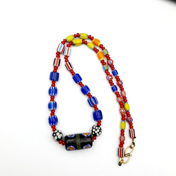 Antique white heart venetian style blue chevron glass beads necklace n9-6Gift