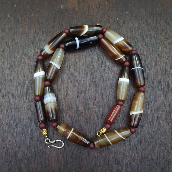 Lot 15 antique old yemeni agate natural rare pattern banded agate beads necklace