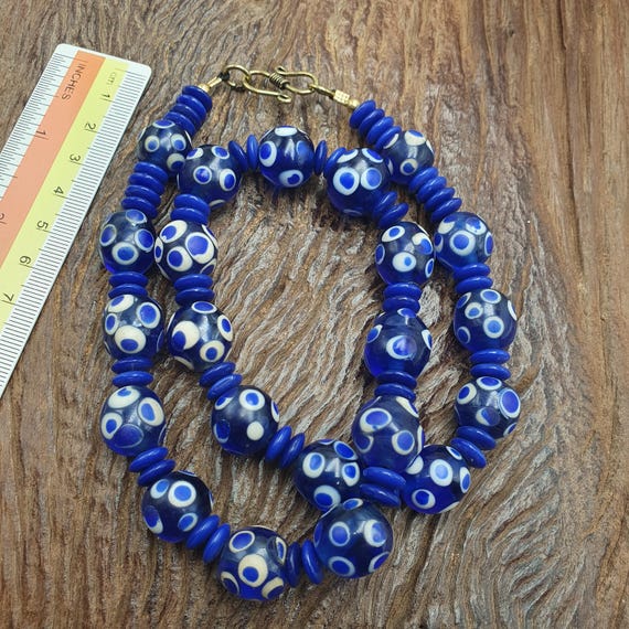 Venetian style Blue Polka dot beads Vintage Skunk beads necklace 14mm & 22 inches long