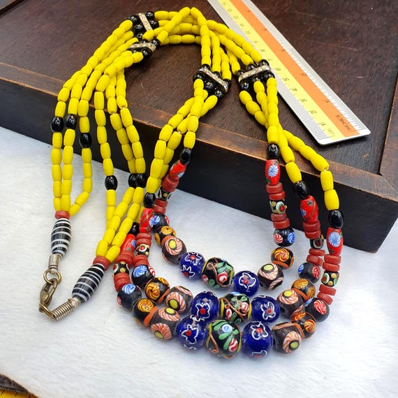 3 Strand Yellow & Blue Millefiori Art Glass Necklace • Vintage Venetian Style Mosaic Bead Boho Jewelry Gift