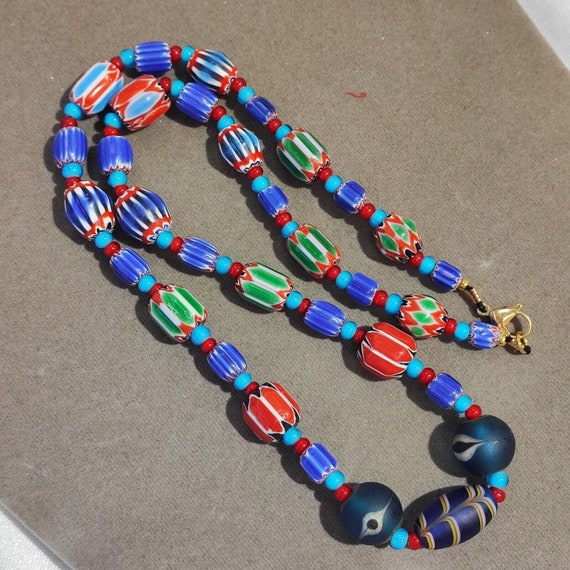 N95 blue chevron and white heart venetian beads african glass beads necklaceGift