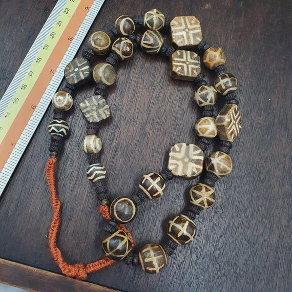 South Asian Burmese Pumtek Bead Necklace, Rare Pyu Pattern Long Ethnic Heirloom Jewelry, Burmese Petrified Wood Stone Beads, Hilltribe Gift