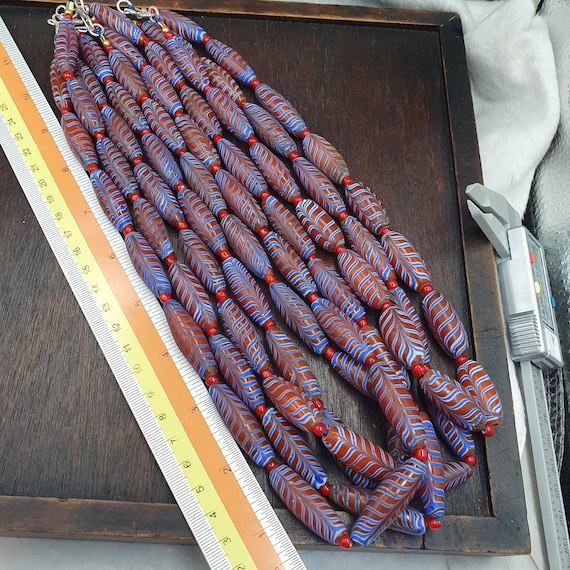 Red Feather Trade Bead Necklace, Blue and White Combed Glass Torpedo Beads, African Style Bead Strand, Handmade Restrung