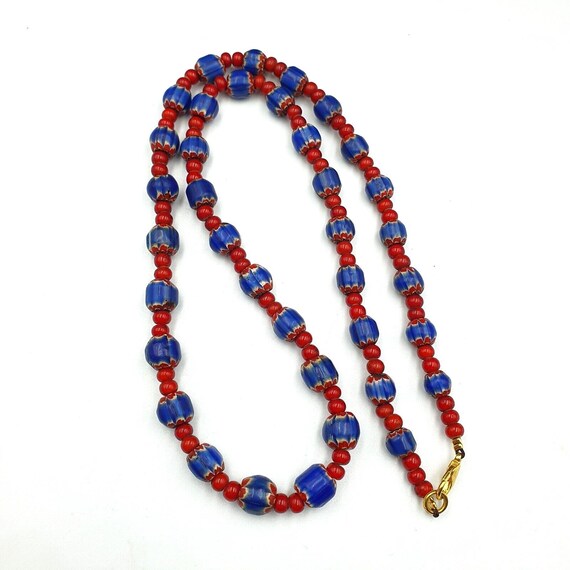Antique vintage venetian white heart and blue chevron trade beads necklace w3