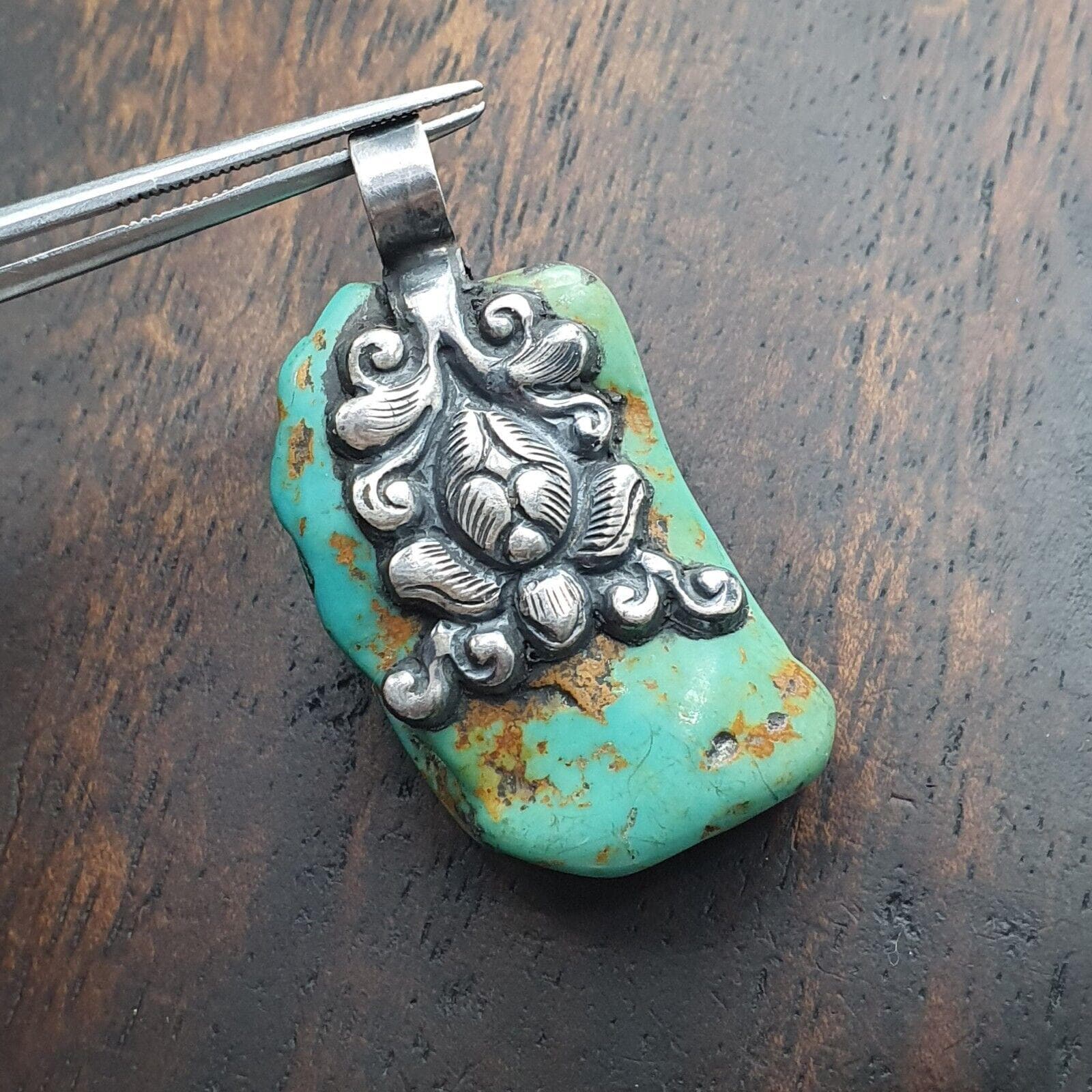 Collier Ancien En Argent 925 Avec Pierre Turquoise Verte/bleue - Pendentif Ovale, Mi-long