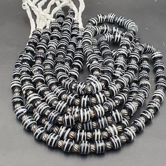 Vintage black & white stripes glass antique style beads 11-12mm necklace strandGift